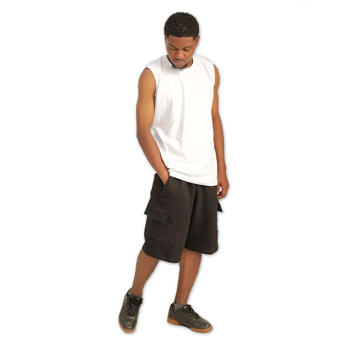 Danami Plain Black Cargo Combat Sweat Shorts & White Sleeveless T-Shirt -  Danami Clothes