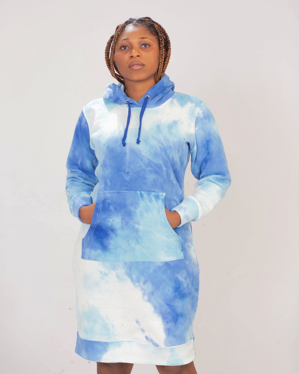 Blue & White Dyed Hoodie Gown Dress - Danami Clothes