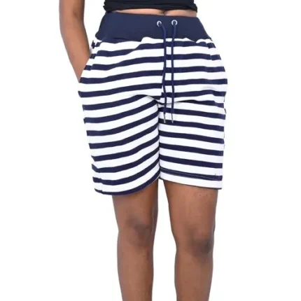 Danami Ribbed Waist Women White & Navy Blue Striped Shorts