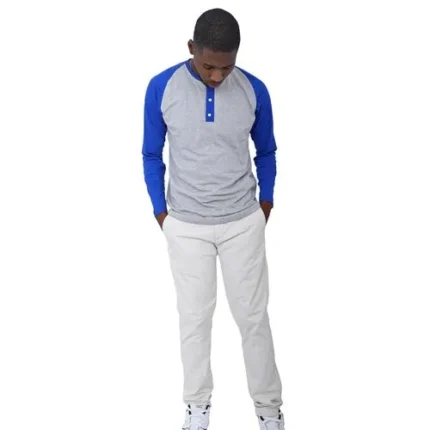 Danami Henley Long Sleeve T Shirt- Light Grey Royal Blue