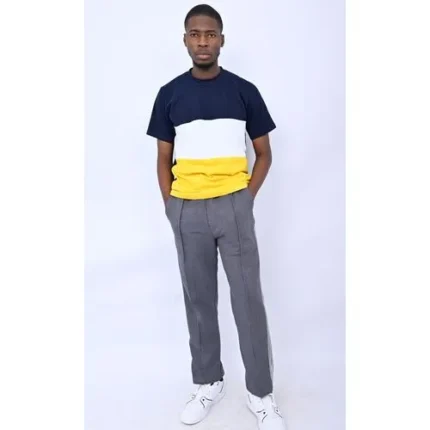 Danami Colour Block Round Neck T-Shirt- N Blue, White, Yellow
