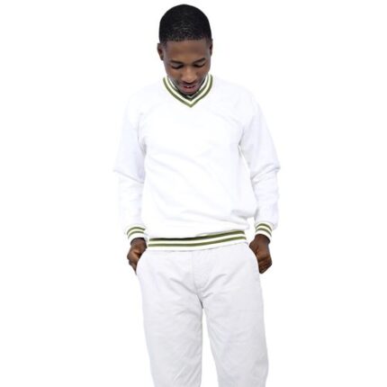 danami plain v neck sweatshirt off white with green stripped ribbing